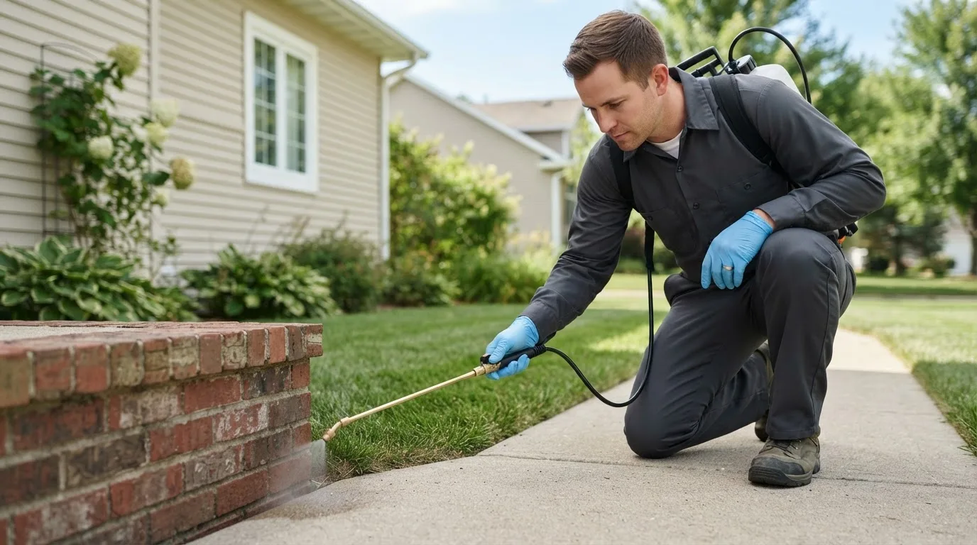 Pest control technician treating a home near Canby, OR
